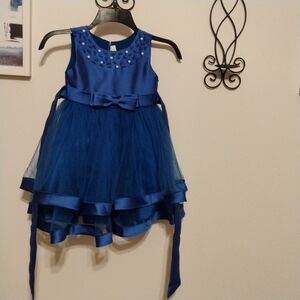 Girls Blue Beaded Tulle Party Dress with Bow Sz-3